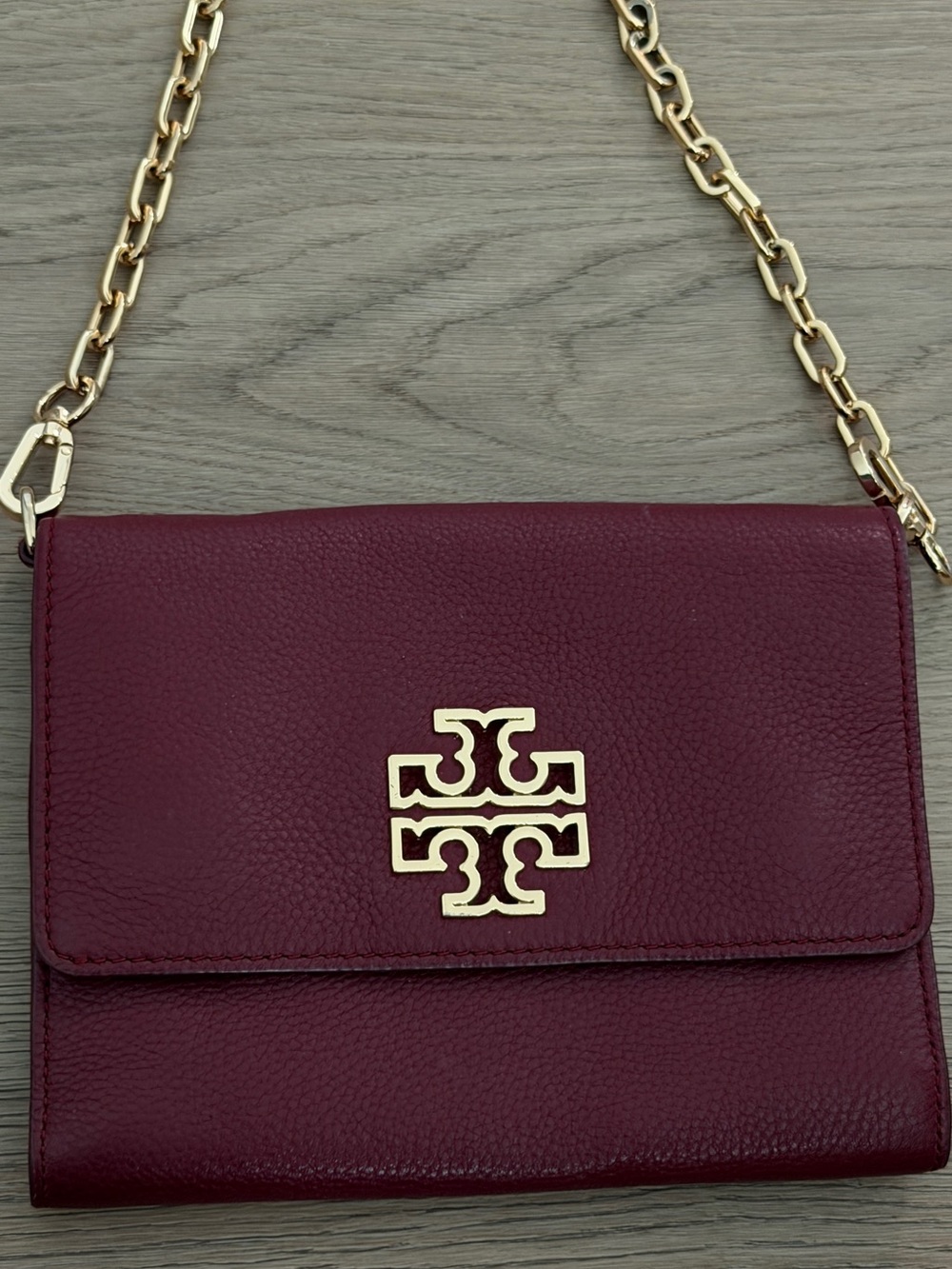 Tory Burch Burgundy Pebbled Leather Crossbody with Gold Logo Chain